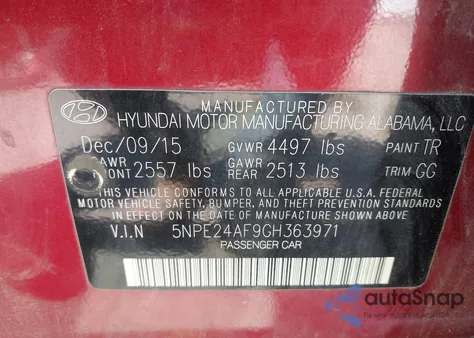 2016 Hyundai Sonata Se from USA, damaged, VIN 5NPE24AF9GH363971